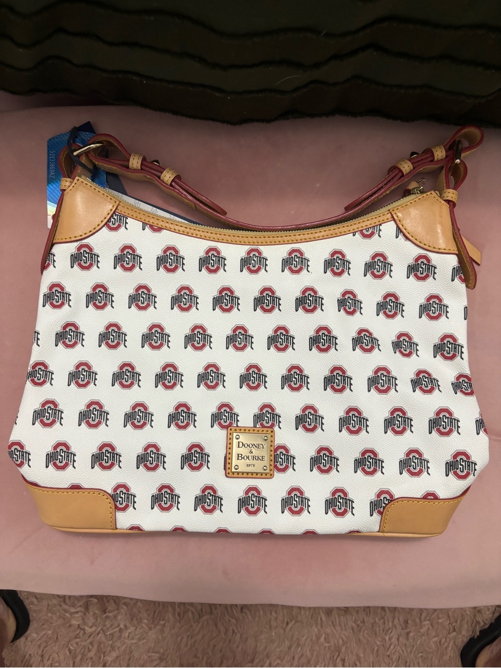 Dooney & Bourke White Ohio State Logo Shoulder Bag with Tan Leather Trim